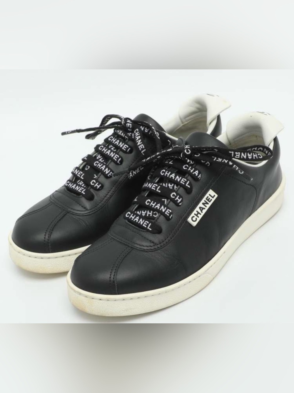 Chanel Black & White Leather Logo Sneakers Size 38.5